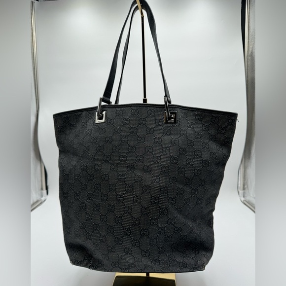 Gucci Handbags - Gucci-Authentic-Vintage Tote Bag GG Black Denim/ Leather straps & Piping
